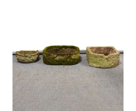 Stone bowfront sink and two small stone planters.  Qty: 3  Condition report:Smallest planter: w=37cm, d=29cm, h=13cm Largest 