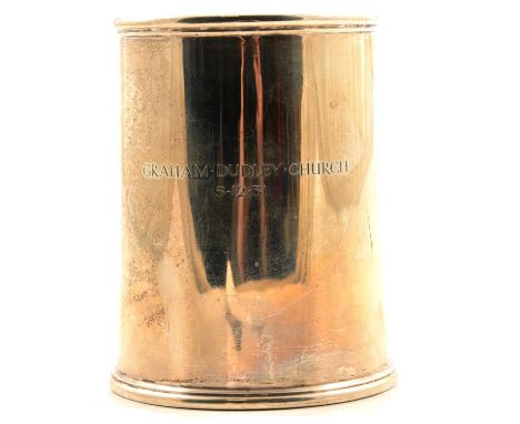 Glass-bottomed silver tankard, Edward Barnard &amp; Sons Ltd, London 1931, engraved 'Graham Dudley Church 5-12-31', 12cm high