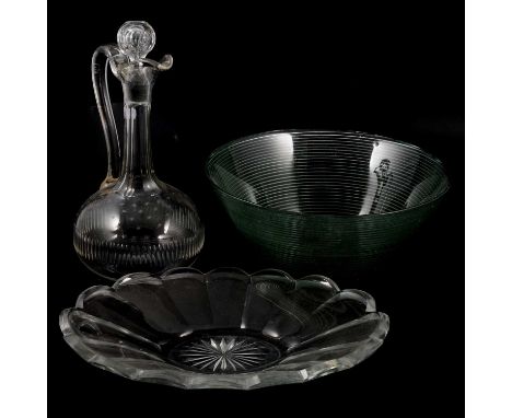 Faceted glass bowl and stand,, 31cm wide; a decanter, etched and cut, faceted neck, 28cm; a moulded glass bowl, and Worcester