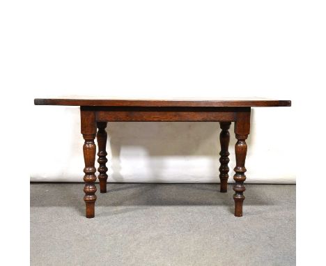 Haselbech oak dining table, rectangular boarded top with cleated ends, turned legs, 153x92cm, height 77cm.Condition report:Th