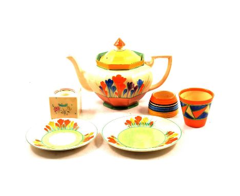 Clarice Cliff, a collection of 'Crocus' teaware, including a large Athens shape teapot, four side plates, three saucers; a Bi