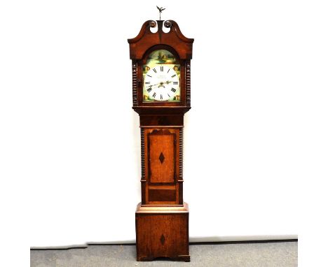 Oak and mahogany longcase clock, the hood with bird finial and swan neck pediment, trunk with short door, bracket feet, twelv