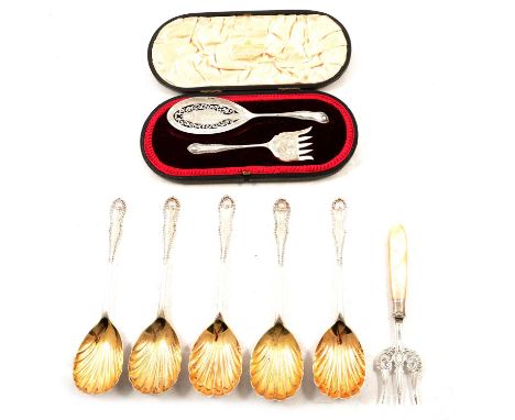 A pair of silver sardine / char servers, Mappin &amp; Webb Ltd, Sheffield 1906, in fitted and branded case; five silver fruit