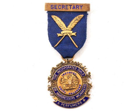 A rare silver-gilt and blue enamel "Secretary" medal for the Incorporated Guild of Hairdressers, Wigmakers and Perfumers, Toy