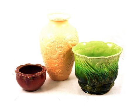 Assorted decorative ceramics and glassware including a Bretby Pottery vase with dragons in shallow relief, teaware, a studio 