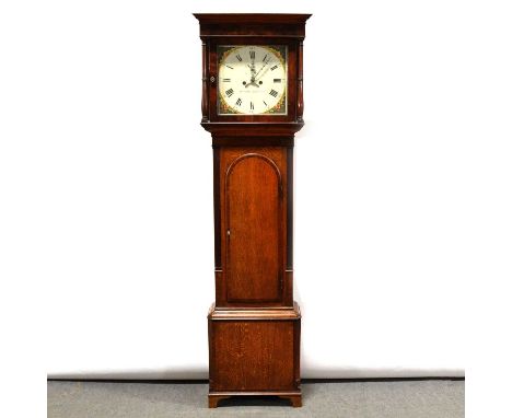 Oak and mahogany longcase clock, hood with cavetto cornice, turned columns, trunk with long arched door, bracket feet, 14" sq