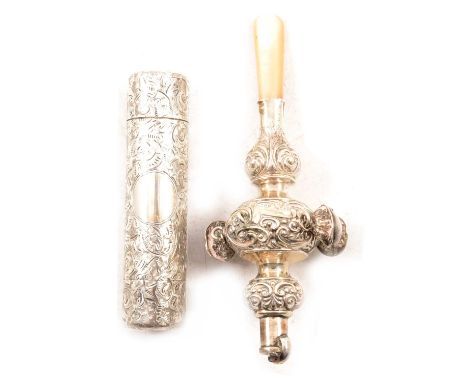 A child's silver rattle, Crisford &amp; Norris Ltd, Birmingham 1904, mother-of-pearl teether, 13cm; and a Victorian silver do