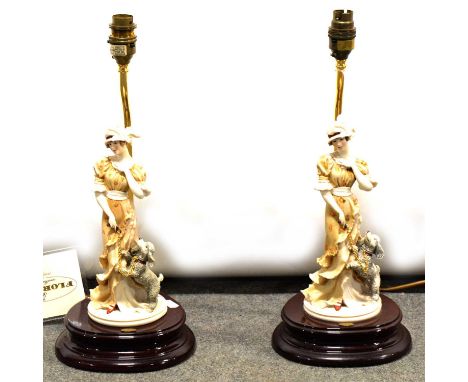 Two Guiseppe Armani Florence table lamps, both with a porcelain figure of a woman and poodle, one with guarantee card, 39.5cm