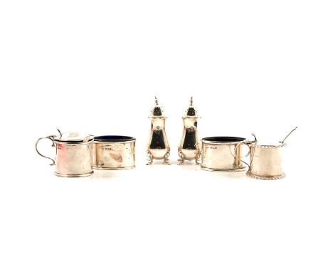 Two silver drum mustard pots with blue glass liners, one with gardoon edge, Haseler Brothers (Edward John Haseler &amp; Noble