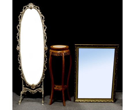 Chinese hardwood stand, inset top, 83cm, gilt framed wall mirror and a metal framed cheval mirror.Qty: 3
