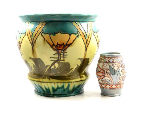 Minton Secessionist ware jardiniere, tubelined and transferred stylised flowerheads, 32cm high; and a Charlotte Rhead Bursley