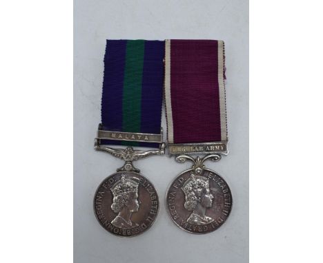Queen Elizabeth II pair of silver medals to include Regular Army For Long Service and Good Conduct medal and Malaya, SGT J M 