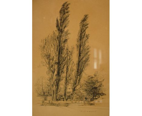 Framed Leslie Gilbert, 1912-2002, original charcoal sketch of a woodland scene with buildings 'Trees at Burton Manor'. 61 x 4