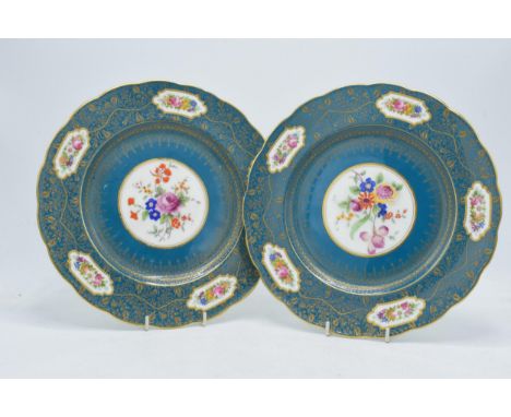 A near pair of George Jones &amp; Sons Crescent China cabinet plates with floral and gilt design and shaped edges (2), 26.5cm