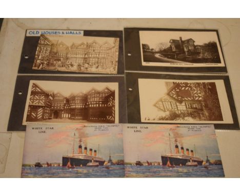 A collection of vintage postcards to include ones of Moreton Hall, Congleton, RMS Lucitania, Norman Wilkinson RMS Olympic pos