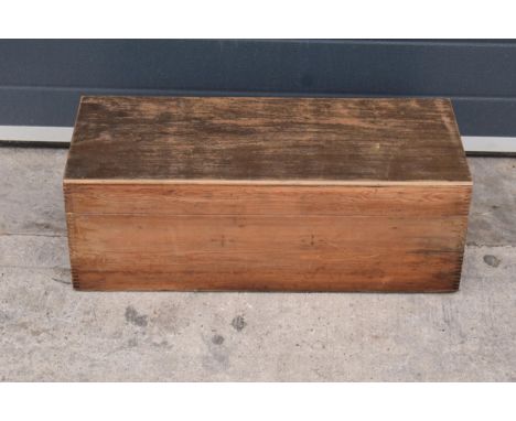 Vintage pine box with dovetail joints together later plywood top, 70 x 29 x 25cm tall.  