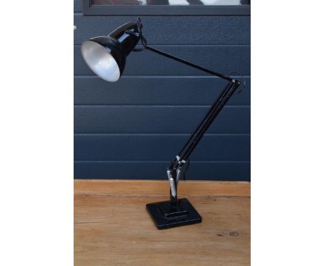 Vintage 20th century Herbert Terry black two-step angle poise lamp with square base.  Untested. Wire has been cut at plug.