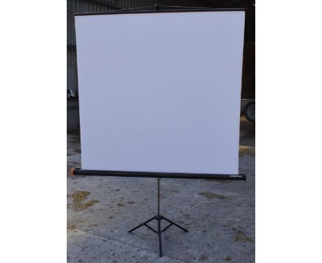 A folding Reflecta Lux projector screen on stand, approx 160cm wide together with a similar smaller Da-Lite projection screen