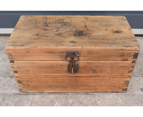 Vintage thick pine tool box / wooden box with metal clasp to front and tools inside (Qty). 45 x 23 x 24cm tall.  