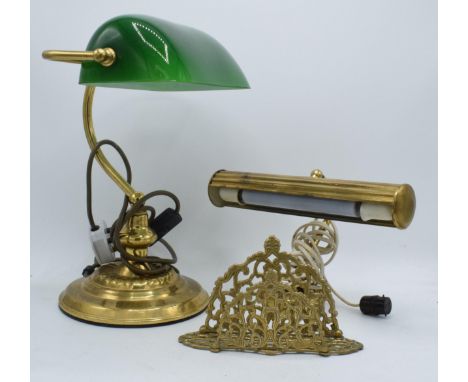 A brass bankers lamp with green glass shade together with a similar brass example and a letter rack (3) (all untested).  