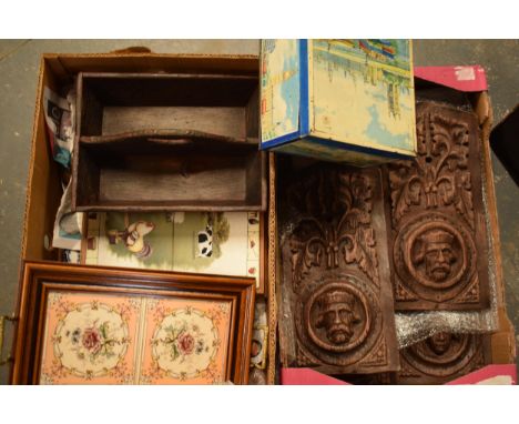 A mixed collection of items to include plaster wood-effect panels of varying forms, vintage tin, plates, cutlery box etc (Qty