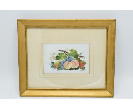 Framed W Rayworth (Ex Royal Worcester artist) painted ceramic plaque with still life fruit scene, 10 x 14cm exc frame.  