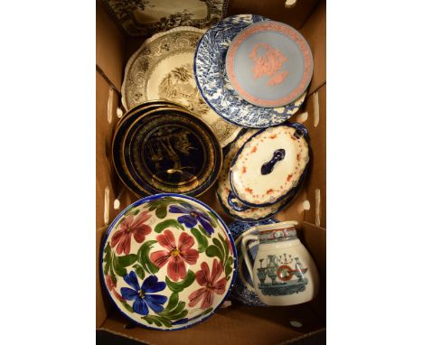 An interesting collection of pottery to include thick pottery Wemyss-style bowl (unmarked), Bodley jug, 19th century plates a