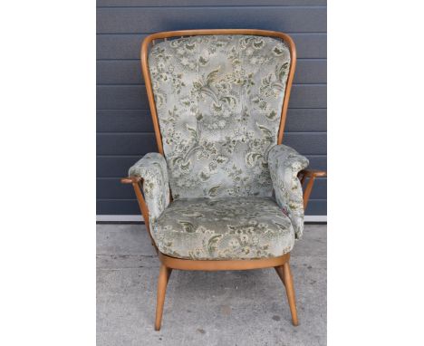 Ercol spoon book mid century chair with upholstered seat, back and arm rests, 114cm tall.  Age-related wear and scuffs to inc