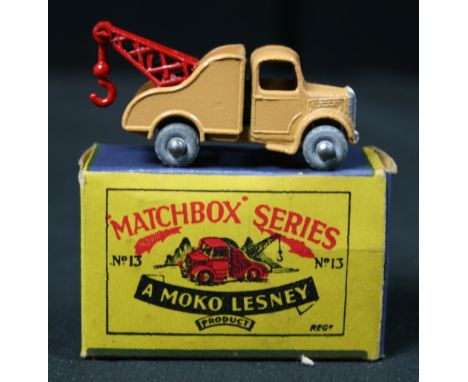 MATCHBOX - No.13b Bedford Wreck Truck, light brown body, silver trim, red crane and hook with grey metal wheels, in type B Mo