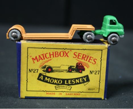 MATCHBOX - No.27b Bedford Low Loader, dark green cab, light brown trailer, grey plastic wheels, in type B Moko box.  Conditio