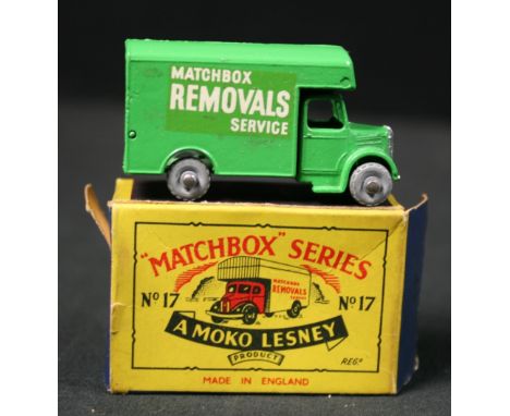 MATCHBOX - No.17b Bedford Removals Van, light green body, silver trim, decals without outline, grey plastic wheels in type B 
