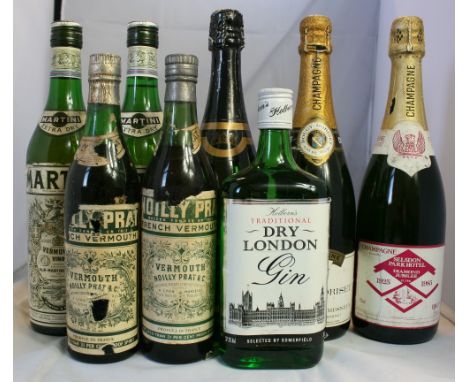 VERMOUTH, GIN & CHAMPAGNE - 8 bottles to include 4 x Vermouth (2 Martini & 2 Noilly Prat), a Dry London Gin, 2 x Champagne an