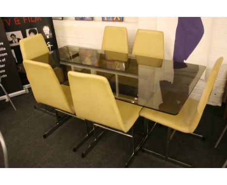PIEFF TABLE & CHAIRS - Pieff vintage retro 1970s rectangular chrome dining table with smoked glass top (180cm x 90cm) and six