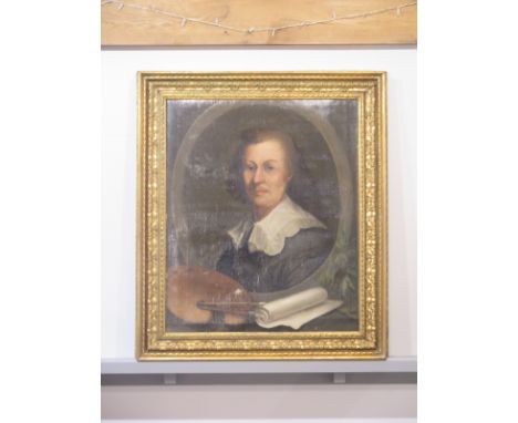 A 17th/18th century portrait of a young gentleman holding paint palette and paper scroll, oil on canvas - 77cm x 62cm in an 1