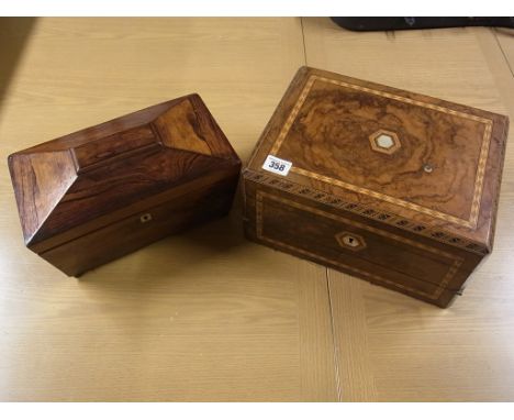 A 19th century rosewood sarcophagus tea caddy and a Victorian walnut writing slope missing its top tray