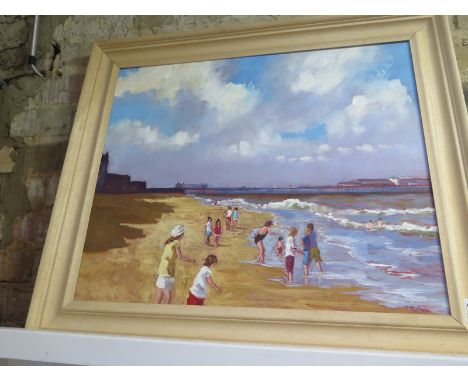 An oil on canvas of Cromer Beach and Pier with children playing signed John Rohda - Width 60cm x Height 50cm