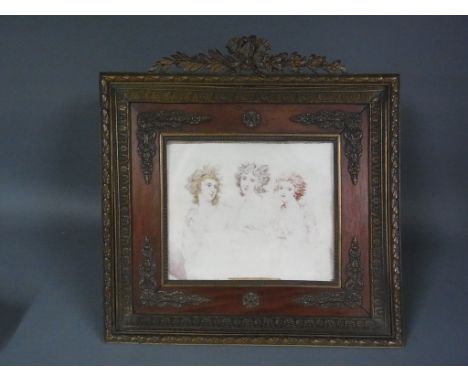 A portrait of three attractive young ladies in Georgian dress - 12cm x 14cm - in an ornate gilt and wooden easel frame