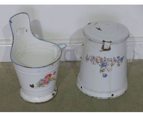 Two old enamel containers each decorated with flowers 