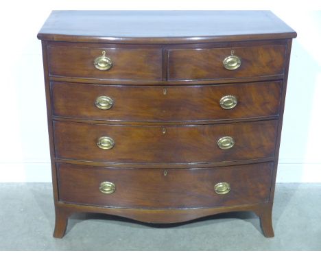 A restored 19th century mahogany bowfronted chest with two short over three long drawers on splayed bracket feet -Height 99cm