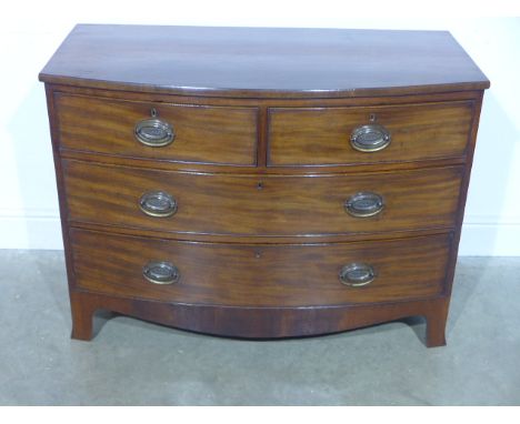 A restored 19th century mahogany bowfronted four drawer chest on splayed bracket feet - Height 79cm x 106cm x 53cm