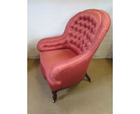 A re upholstered mahogany button back fireside chair - Height 96cm x Width 80cm x Depth 84cm