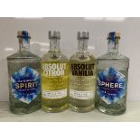 4 x Bottles of Vodka: 1 x Absolut Vanilla 70cl 38%; 1 x Absolut Citron 70cl 40%; 1 x Spirit No.1 Cla