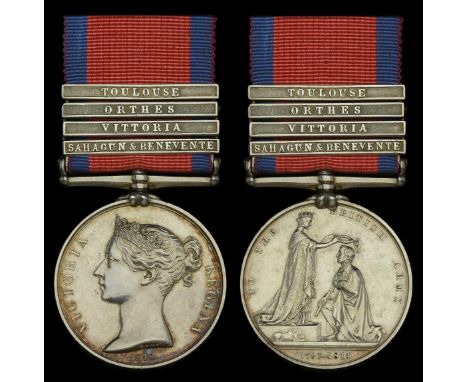 Military General Service 1793-1814, 4 clasps, Sahagun & Benevente, Vittoria, Orthes, Toulouse (J. Dwyer, Corporal, 18th Light