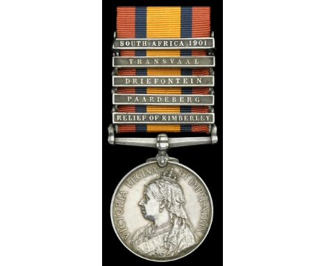 Queen’s South Africa 1899-1902, 5 clasps, Relief of Kimberley, Paardeberg, Driefontein, Transvaal, South Africa 1901, date cl