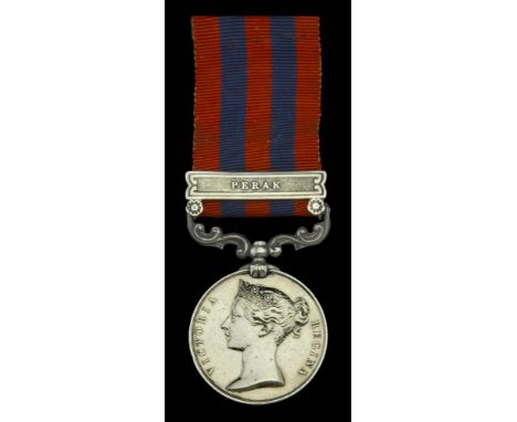 India General Service 1854-95, 1 clasp, Perak (H. Miller, Car: Crew. H.M.S. “Thistle”) suspension somewhat bent, light contac