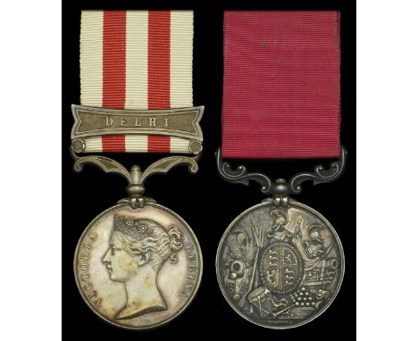 Pair: Sergeant J. Smith, 52nd (Oxfordshire) Light Infantry  Indian Mutiny 1857-59, 1 clasp, Delhi (Serjt. J, Smith, 52nd L.I.