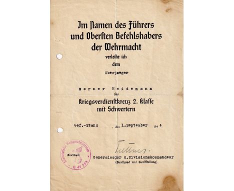 A German Second World War Paratrooper War Service Cross Second Class with Swords Citation.  A5 size citation, folded twice, p