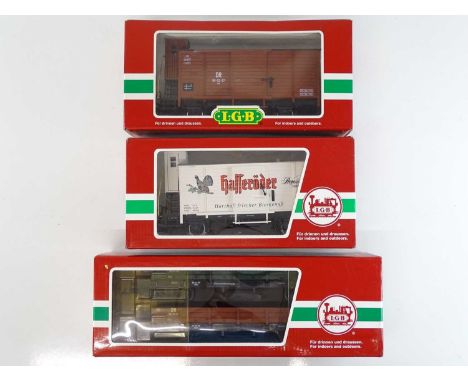 A group of LGB G scale box vans and bogie flat wagons - VG/E in G/VG boxes (4 wagons, 3 boxes)