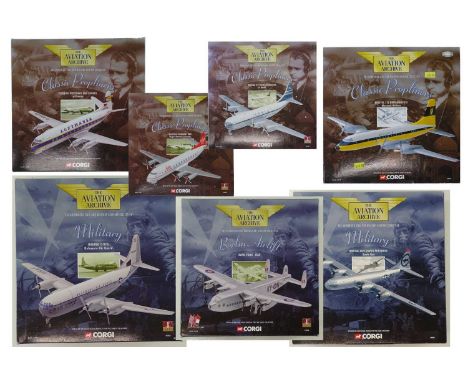 A group of CORGI AVIATION ARCHIVE 1:144 scale Military, Classic Propliners and Berlin Airlift Series propellor planes - G/VG 