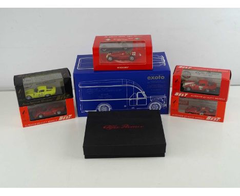 A group of 1:43 scale ALFA ROMEO vehicles by EXOTO, BEST and MINICHAMPS including a 500 Race Car Transporter - together with 